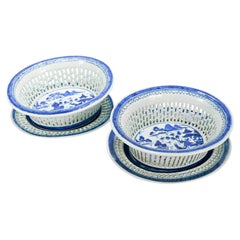 Pair of Antique Blue & White Canton Chinese Export Porcelain Chestnut Baskets