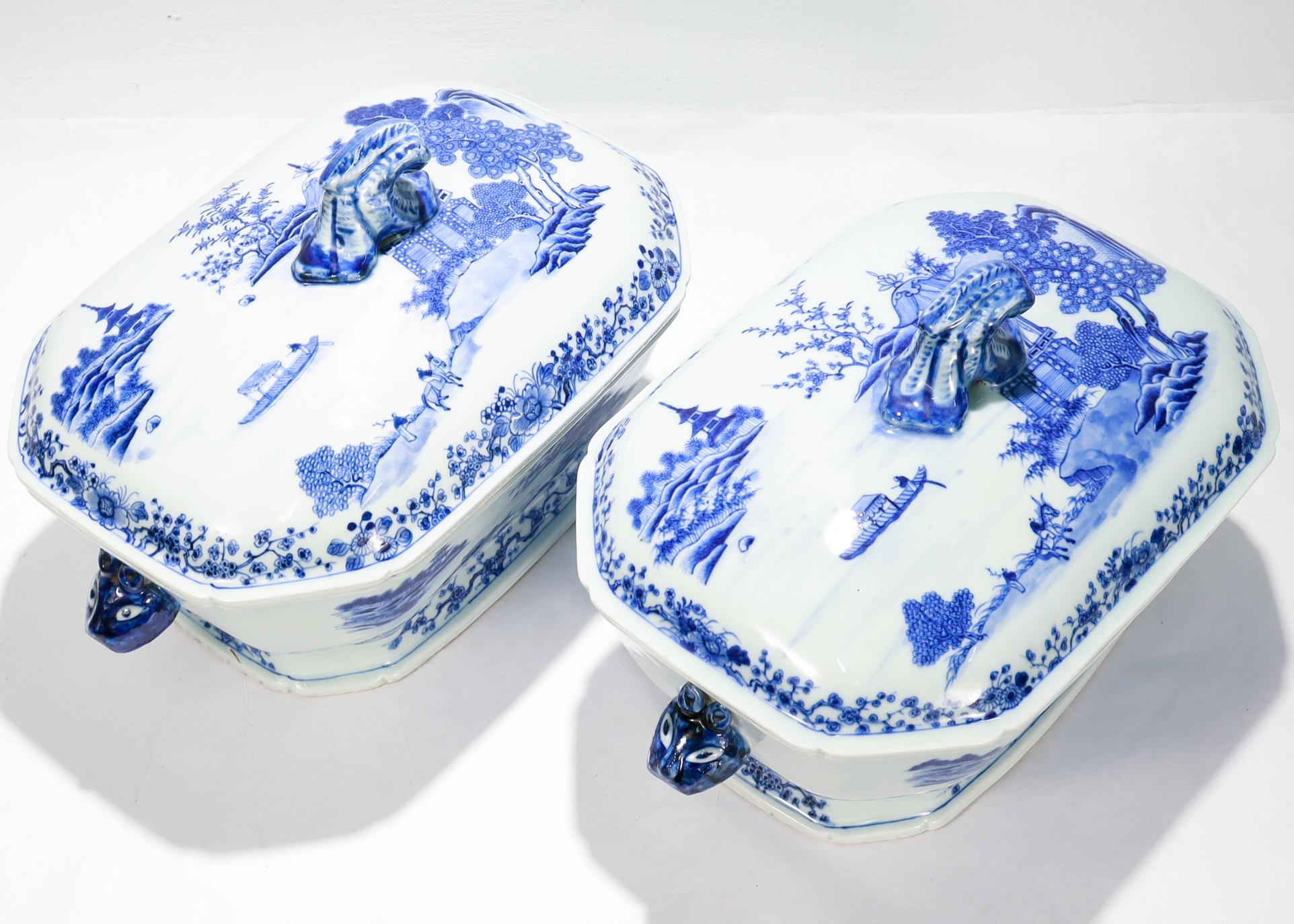 Pair of Antique Blue & White Canton Chinese Export Porcelain Covered Tureens For Sale 6