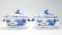Pair of Antique Blue & White Canton Chinese Export Porcelain Covered Tureens
