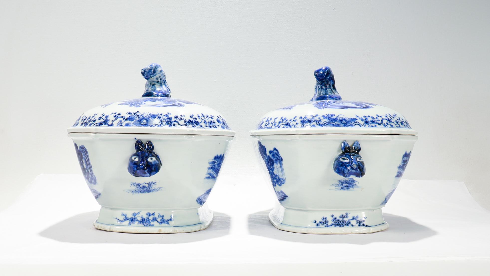 19th Century Pair of Antique Blue & White Canton Chinese Export Porcelain Covered Tureens For Sale