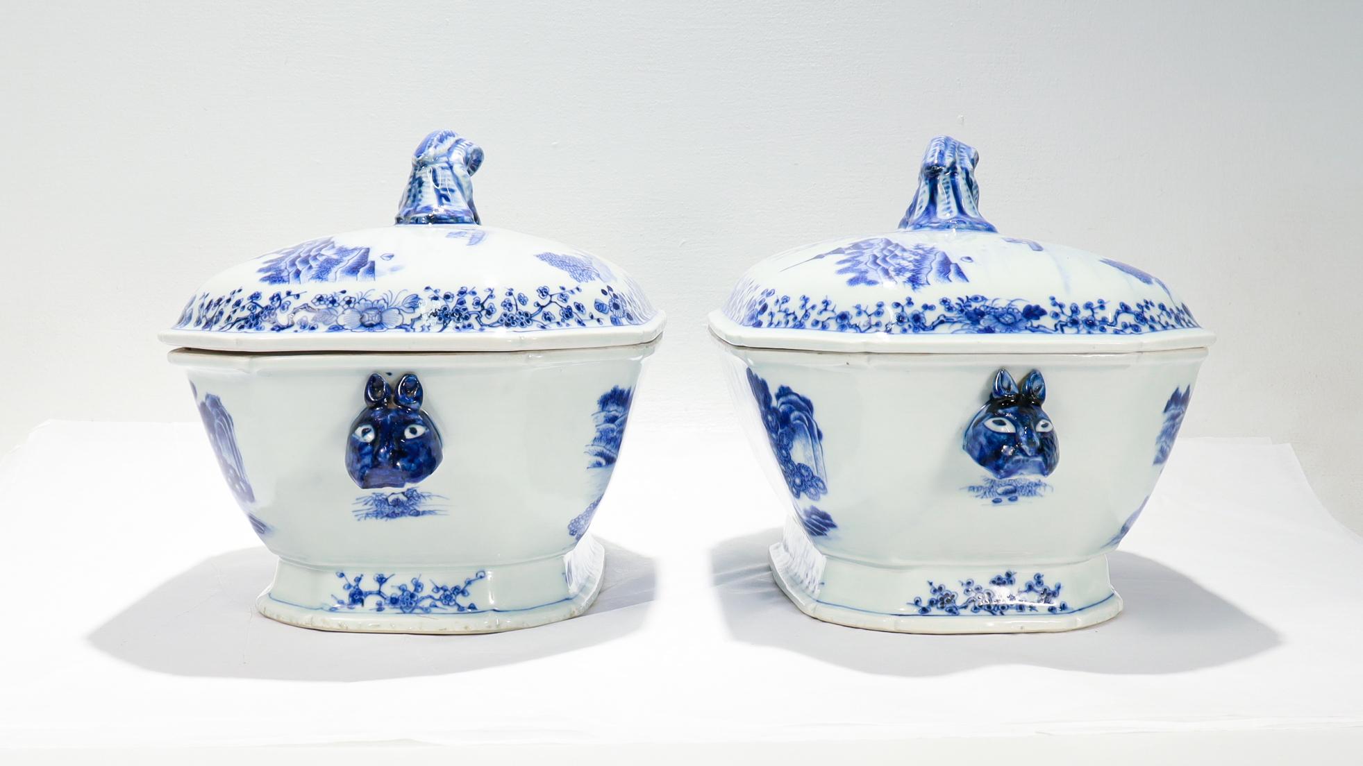Pair of Antique Blue & White Canton Chinese Export Porcelain Covered Tureens For Sale 2