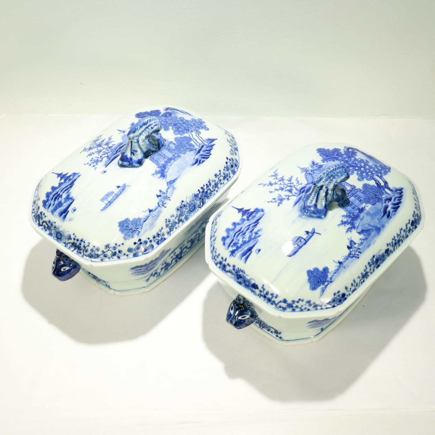 Pair of Antique Blue & White Canton Chinese Export Porcelain Covered Tureens For Sale 5