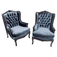 Pair of Antique Blue Wingback Armchairs, France, circa 1920