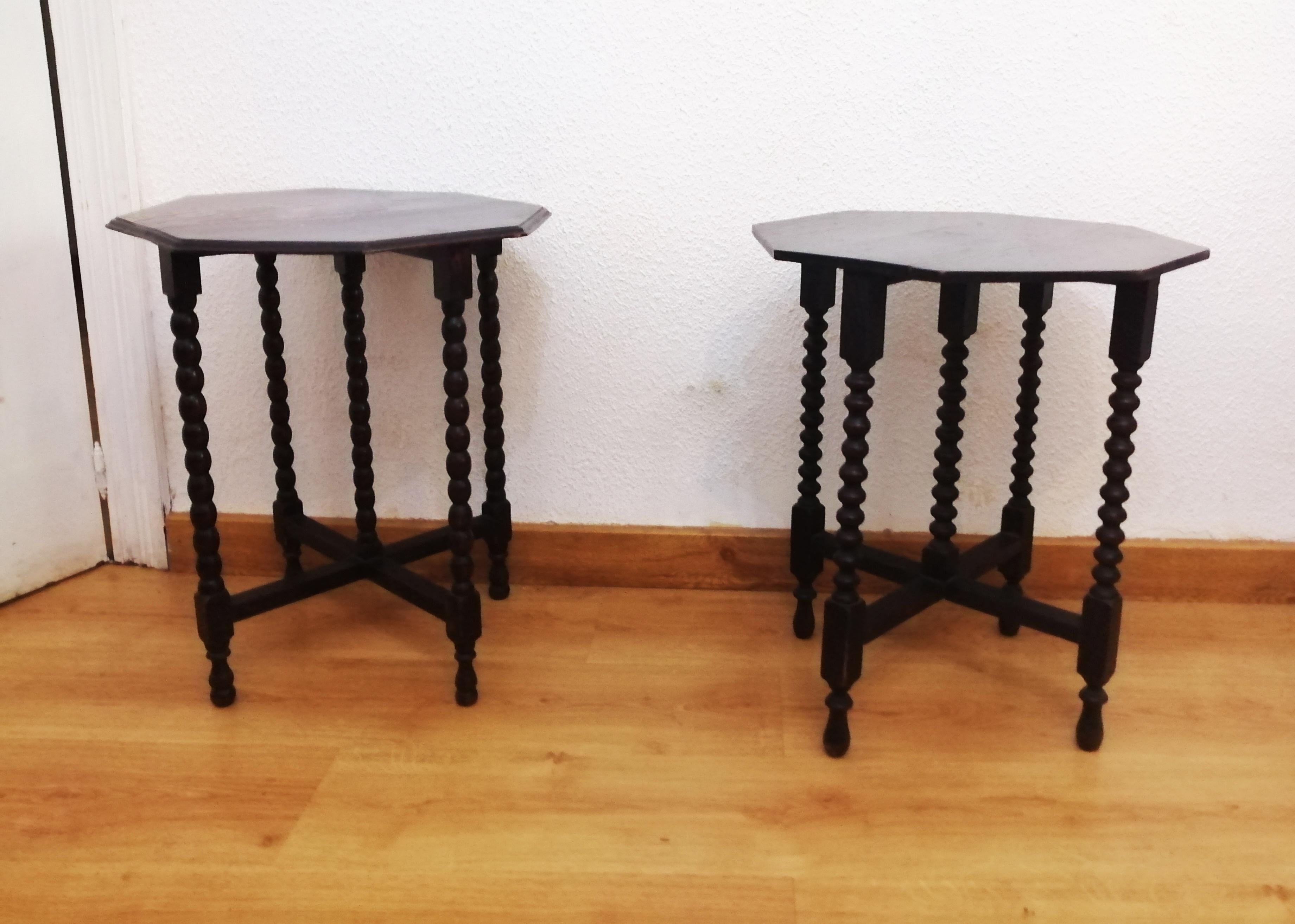 Spanish Pair of Antique Bobbin Turned Side End Wine Tables from the 19th Century