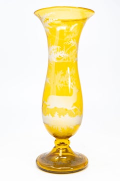 Pair of Antique Bohemian Amber Glass Egermann Style Vases with Acid-Etched Deer