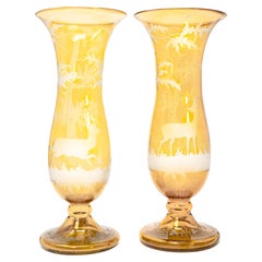 Pair of Antique Bohemian Amber Glass Egermann Style Vases with Acid-Etched Deer