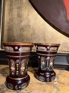 Pair of Antique Bohemian Amber Glass Goblets with Hand-Painted Floral Decoration