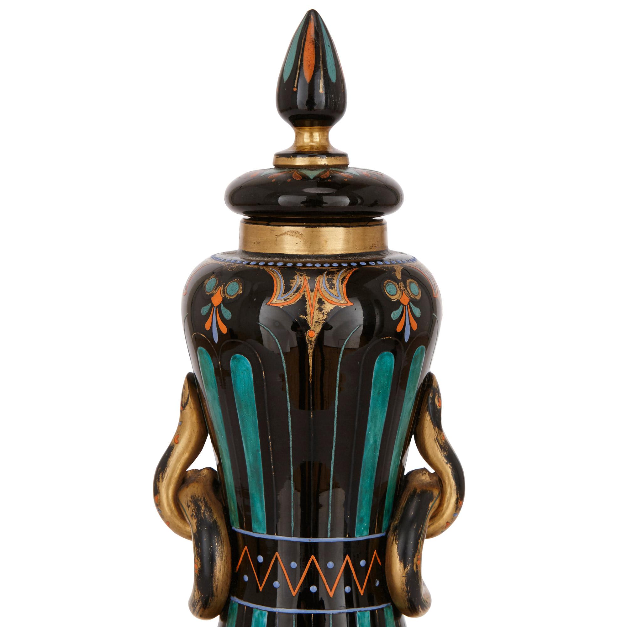 Czech Pair of Antique Bohemian Black Glass Vases in the Egyptian Revival Style