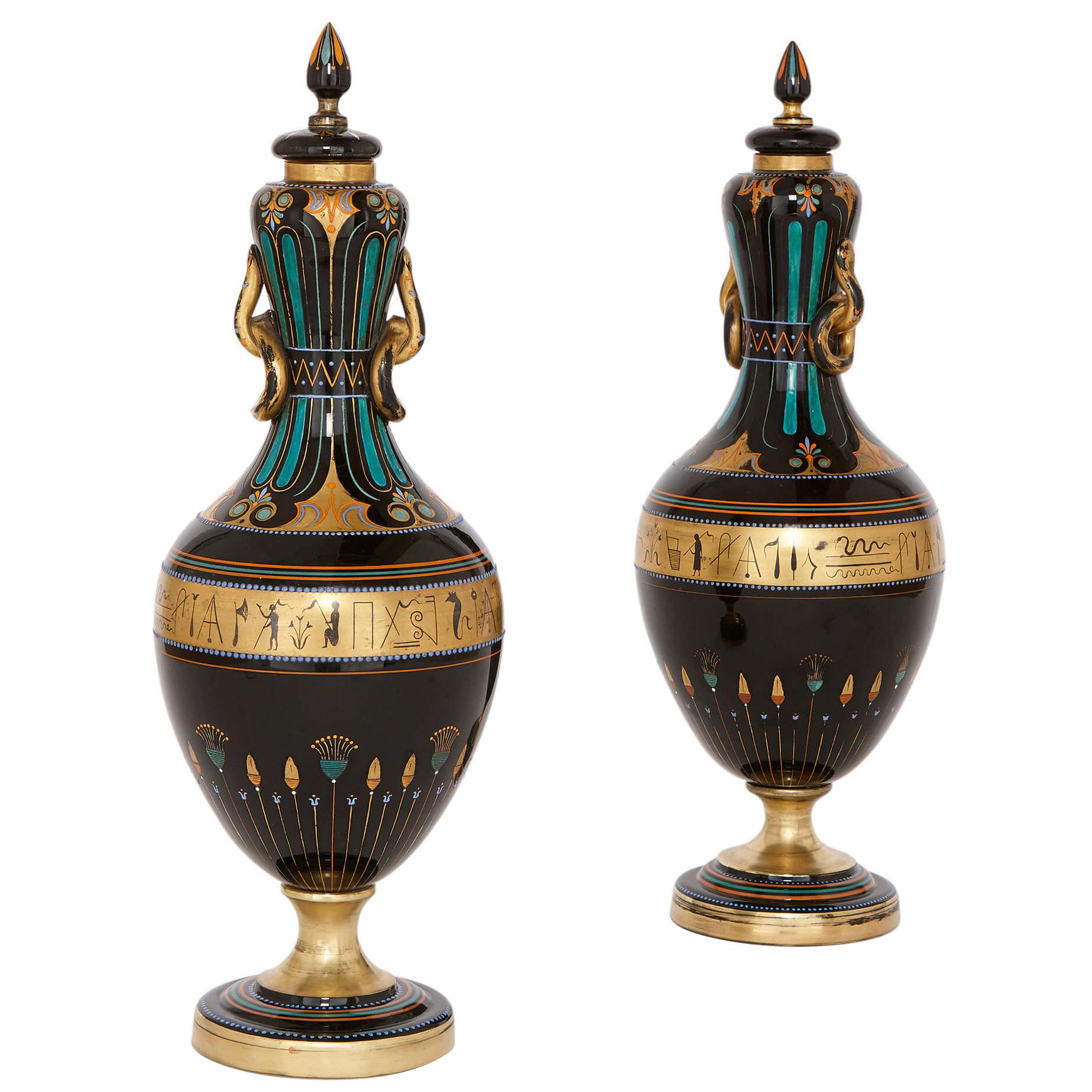 Pair of Antique Bohemian Black Glass Vases in the Egyptian Revival Style