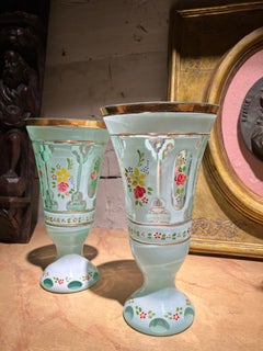 Pair of Antique Bohemian Blue Opaline Glass Goblets with Gold Rim and Florals