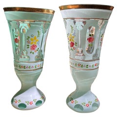 Pair of Antique Bohemian Blue Opaline Glass Goblets with Gold Rim and Florals
