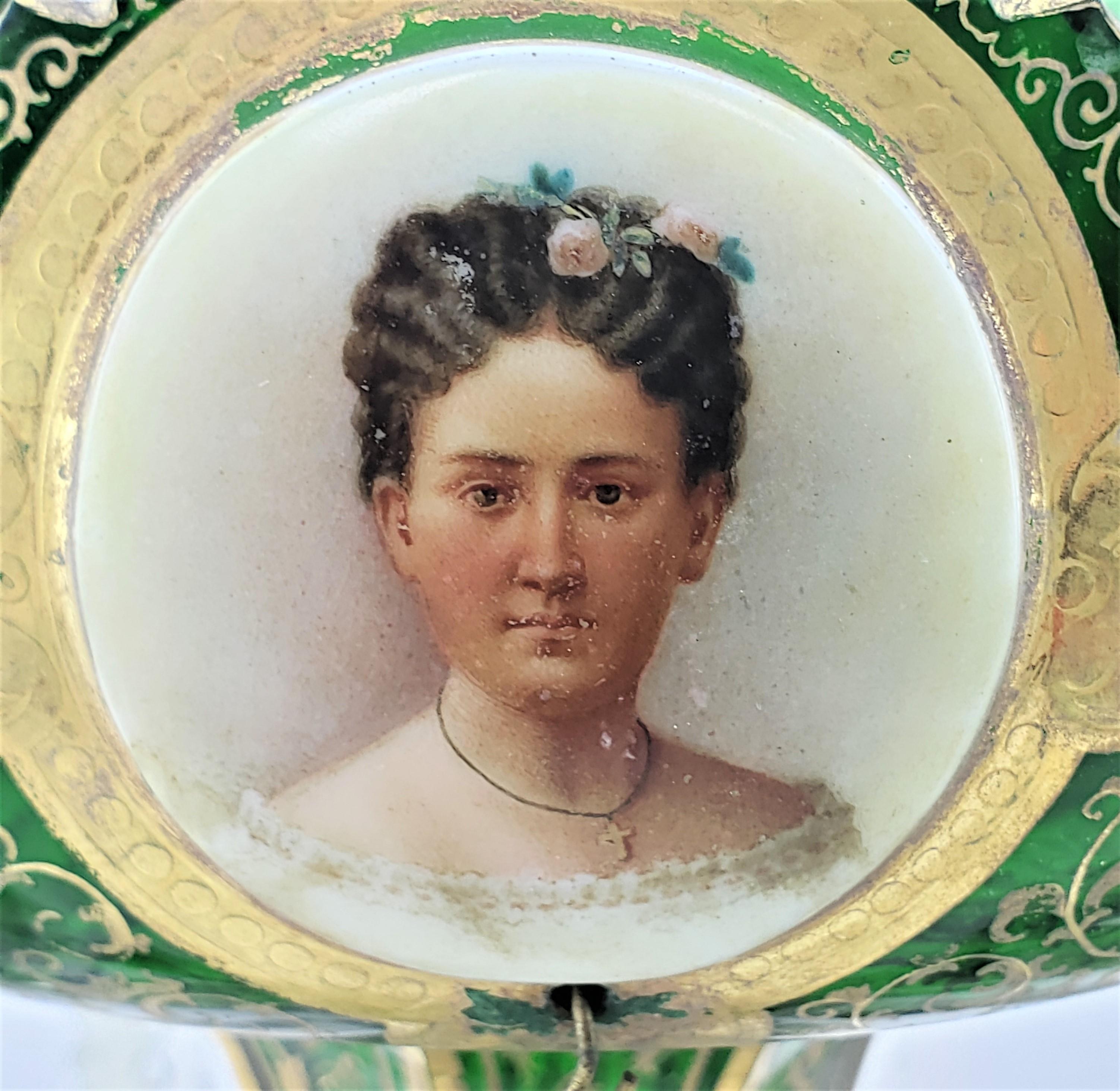 Pair of Antique Bohemian Cut Green Crystal & Enameled Portrait Lusters 6