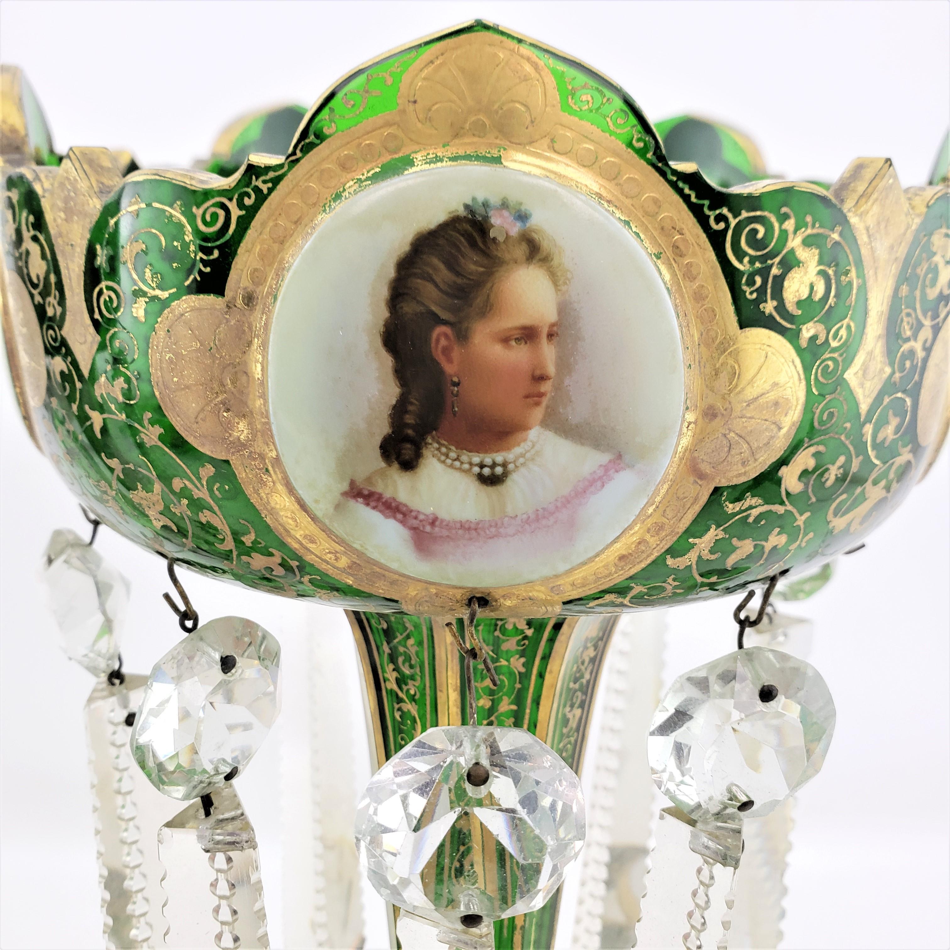 Pair of Antique Bohemian Cut Green Crystal & Enameled Portrait Lusters 7