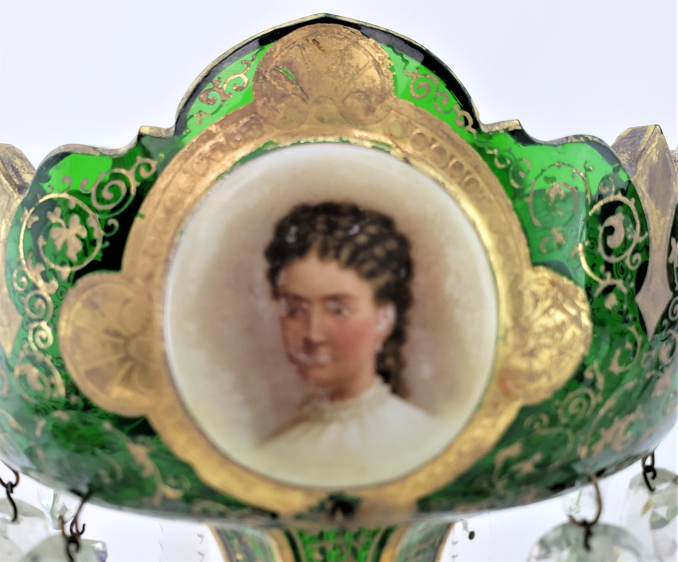 Pair of Antique Bohemian Cut Green Crystal & Enameled Portrait Lusters 8