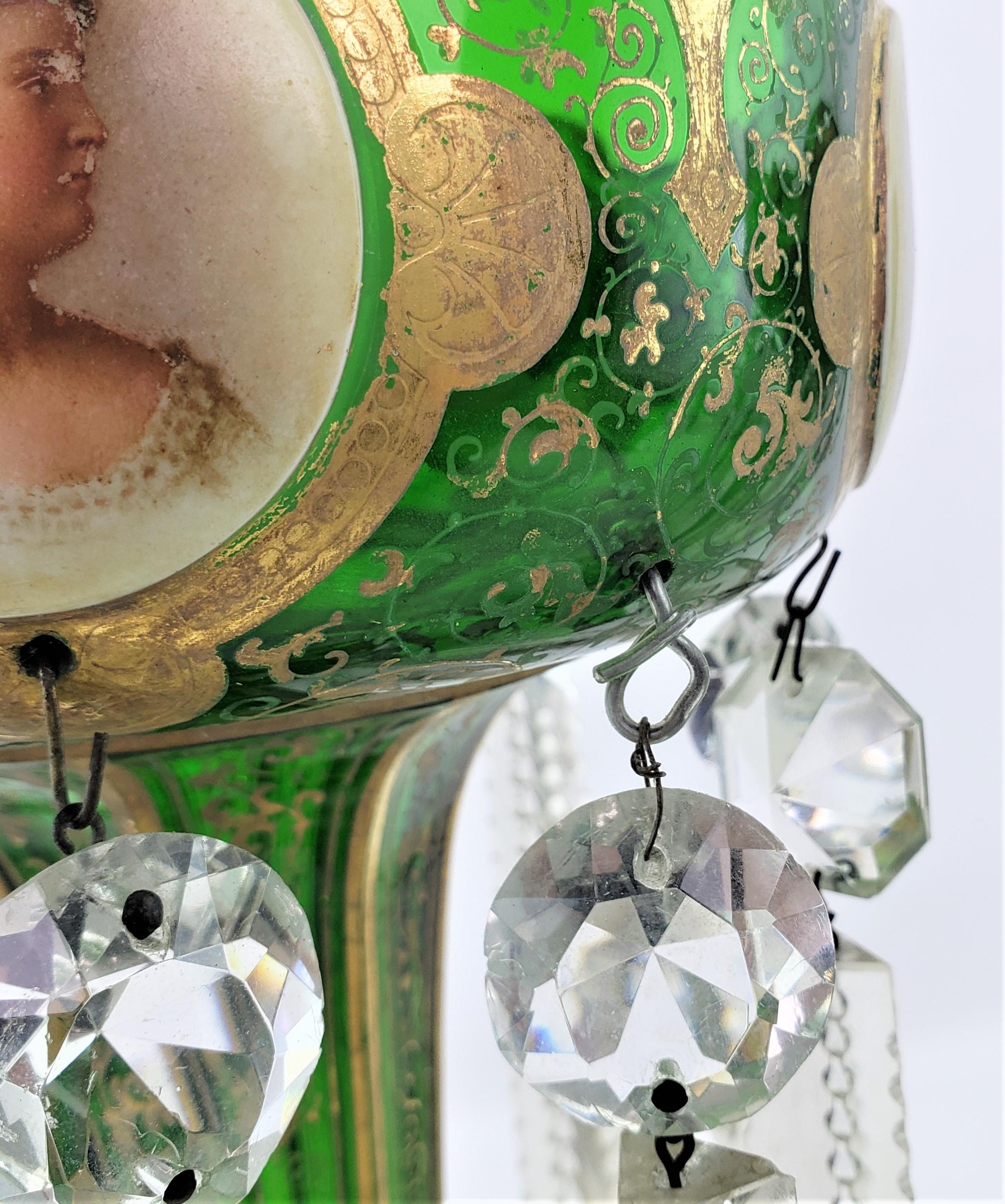 Pair of Antique Bohemian Cut Green Crystal & Enameled Portrait Lusters 12