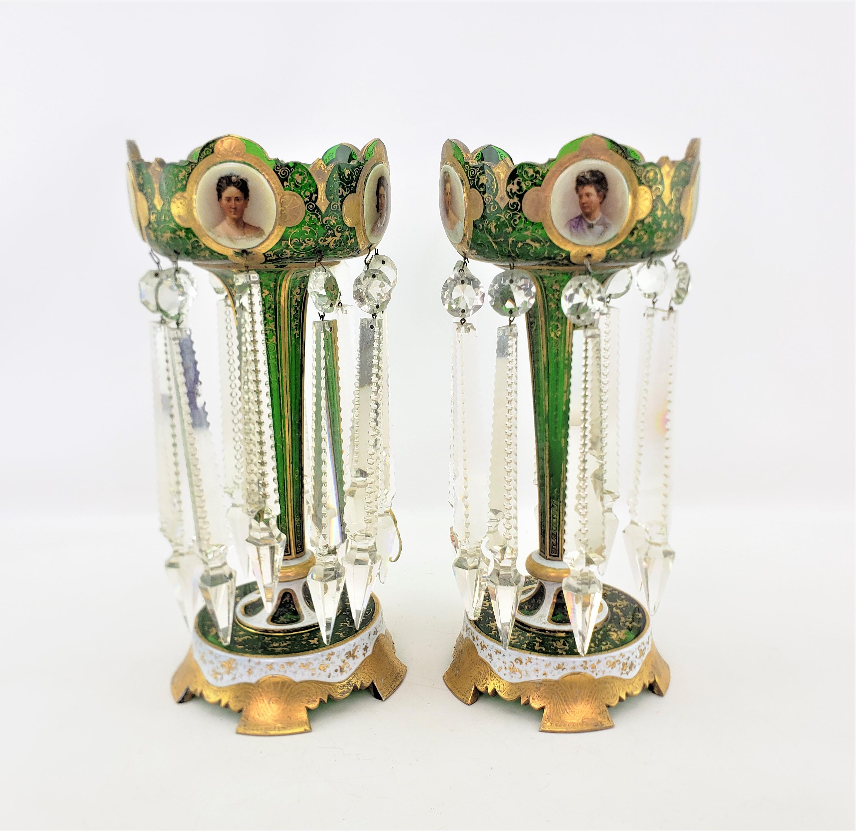 Late Victorian Pair of Antique Bohemian Cut Green Crystal & Enameled Portrait Lusters