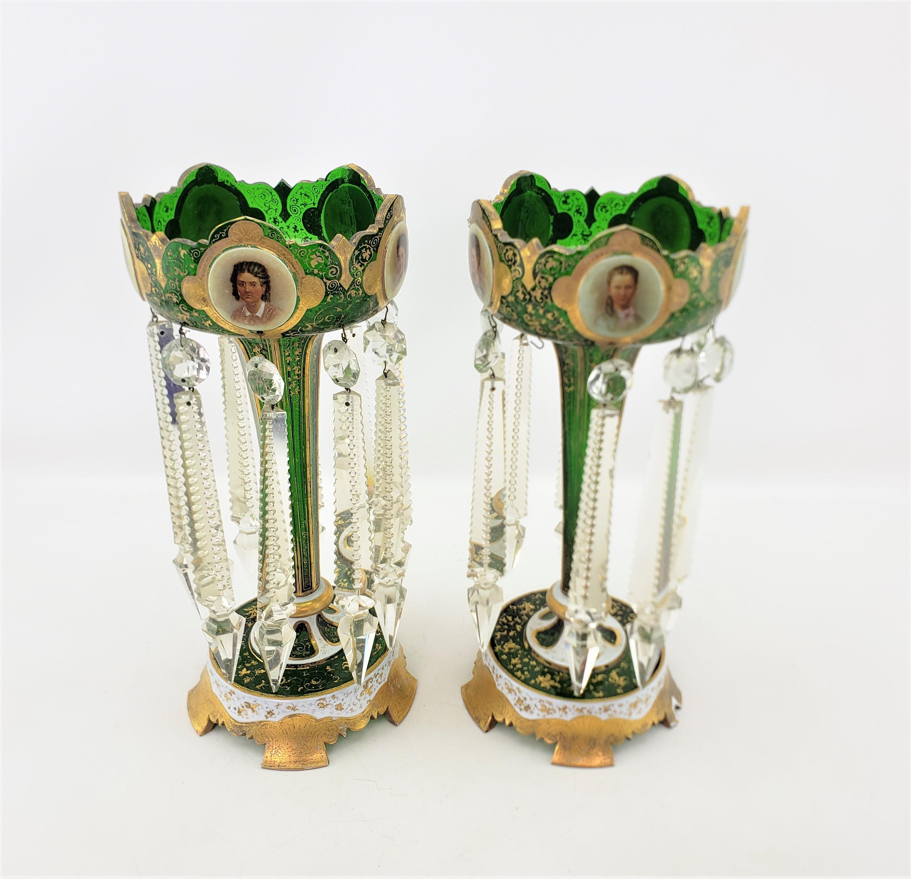 Pair of Antique Bohemian Cut Green Crystal & Enameled Portrait Lusters In Good Condition In Hamilton, Ontario