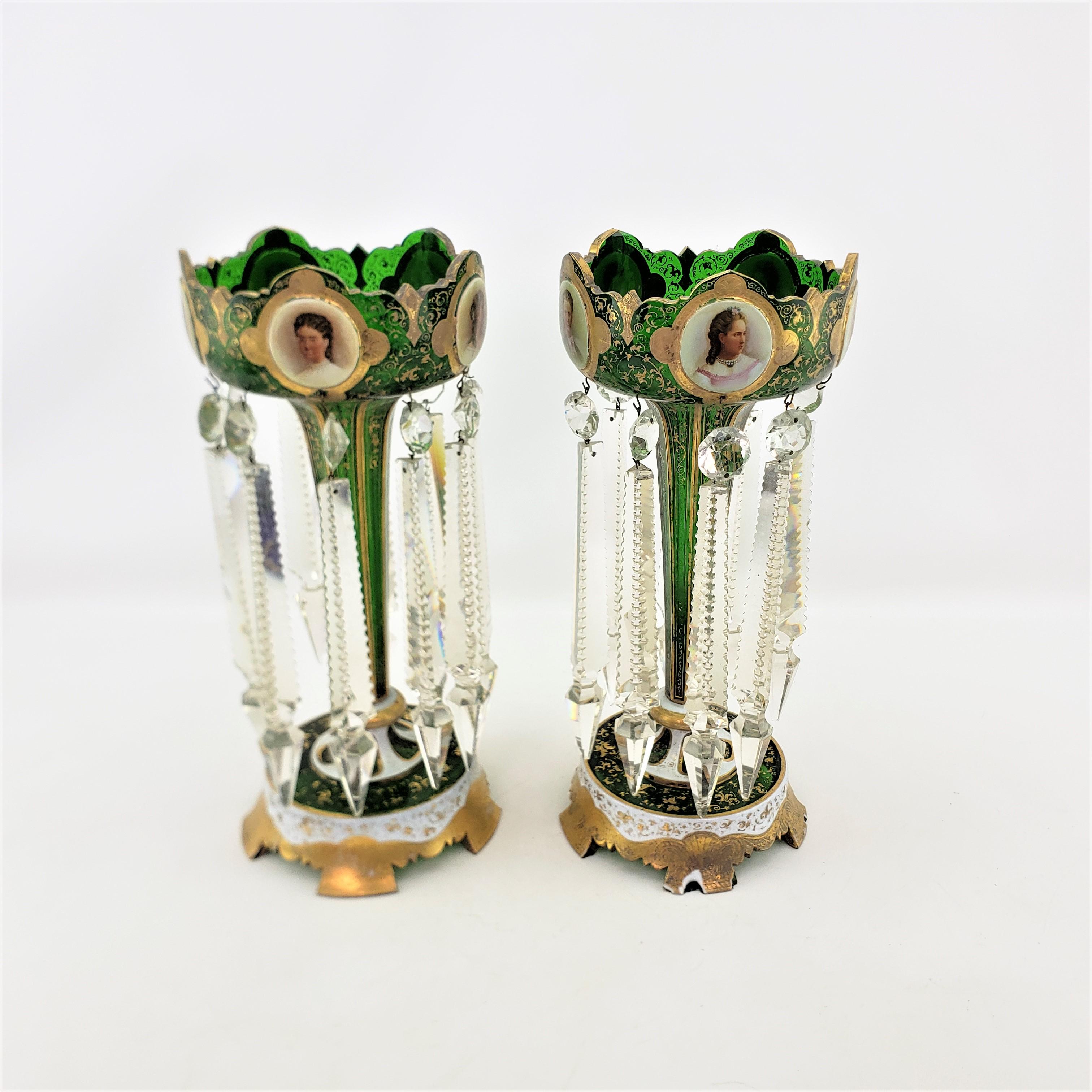 19th Century Pair of Antique Bohemian Cut Green Crystal & Enameled Portrait Lusters