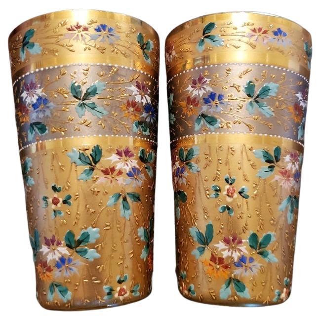 Pair of Antique Bohemian Enameled Gilt Art Glass, Attributed to Moser