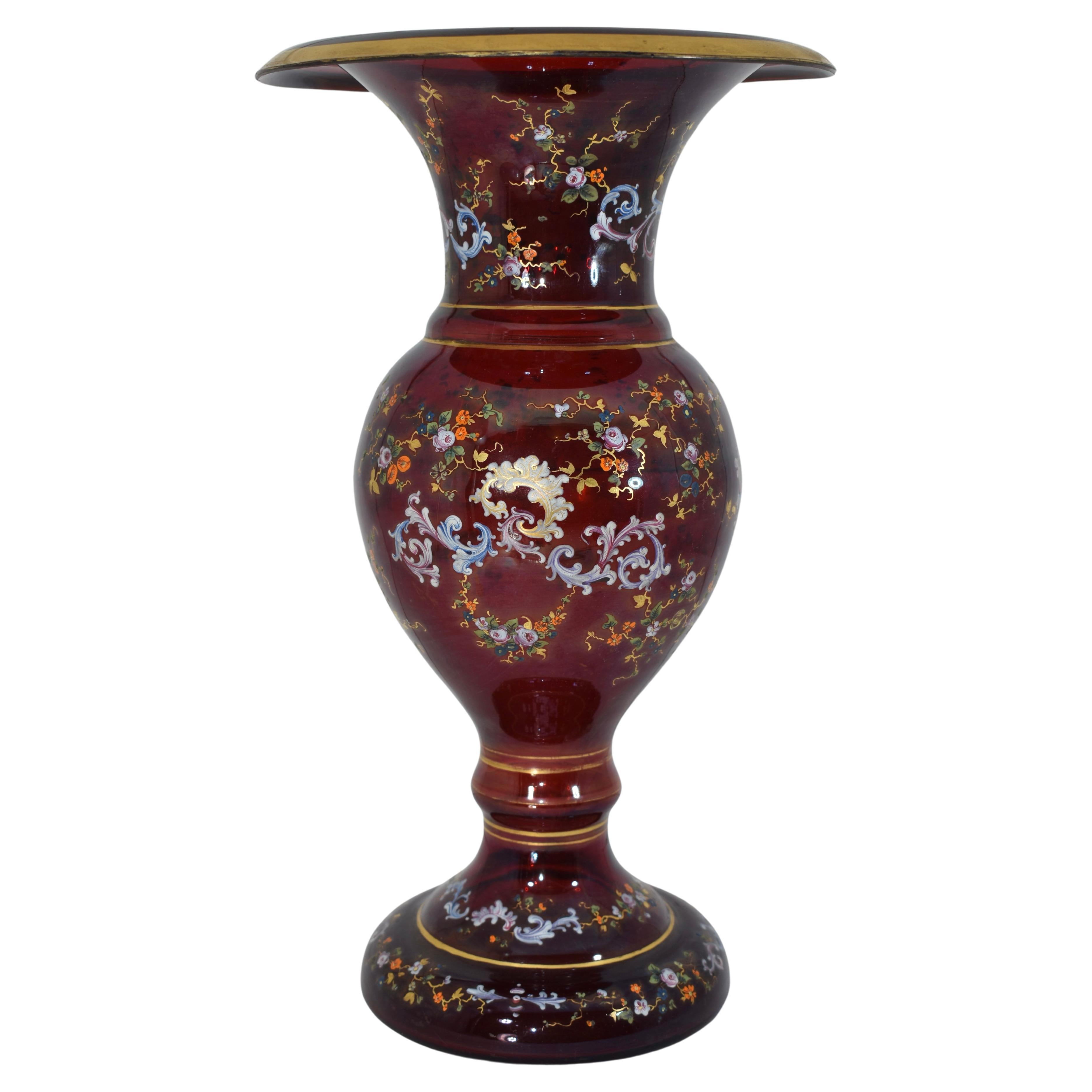 Enameled Pair of Antique Bohemian Enamelled Ruby Red Glass Vases, 19th Century For Sale