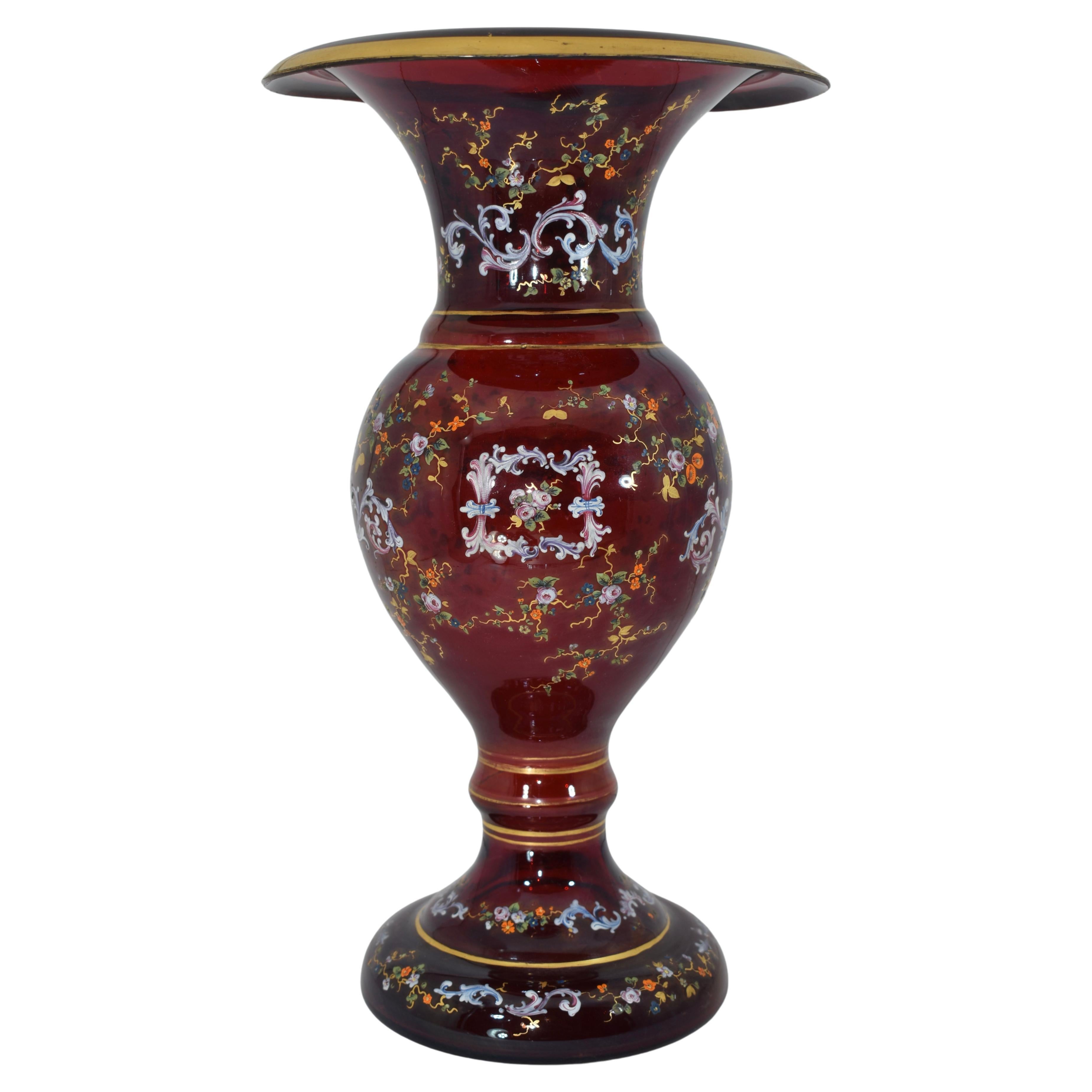 Pair of Antique Bohemian Enamelled Ruby Red Glass Vases, 19th Century In Good Condition For Sale In Rostock, MV