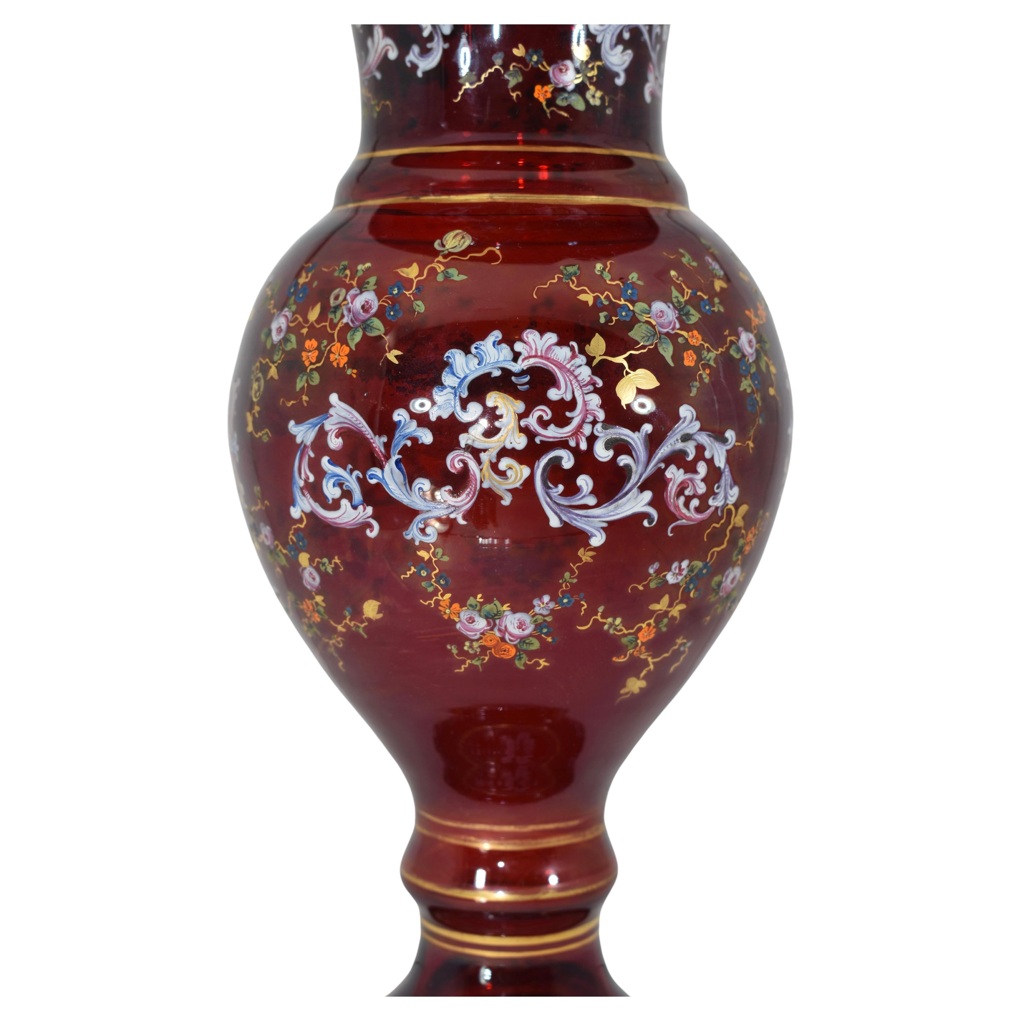 Blown Glass Pair of Antique Bohemian Enamelled Ruby Red Glass Vases, 19th Century For Sale