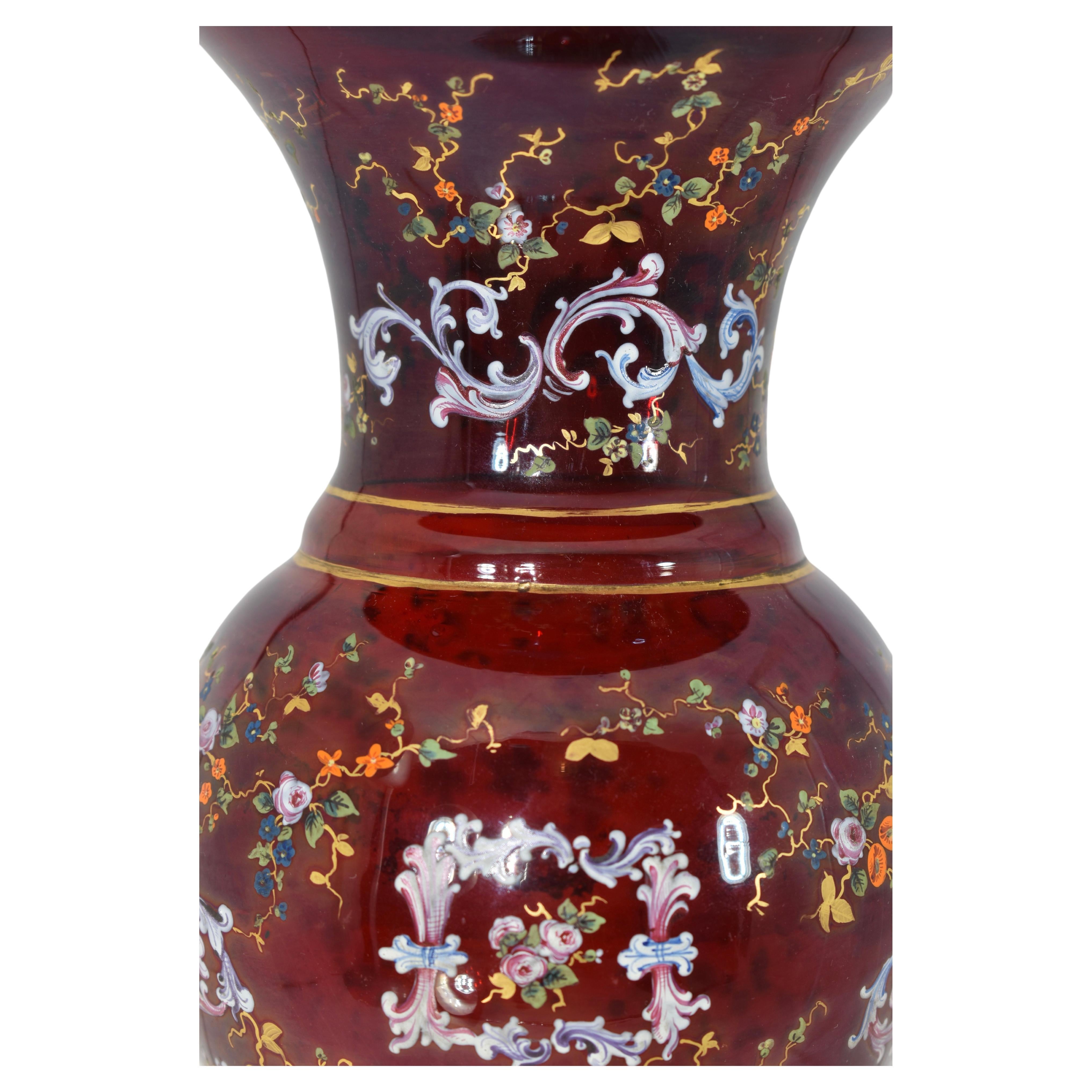 Pair of Antique Bohemian Enamelled Ruby Red Glass Vases, 19th Century For Sale 1