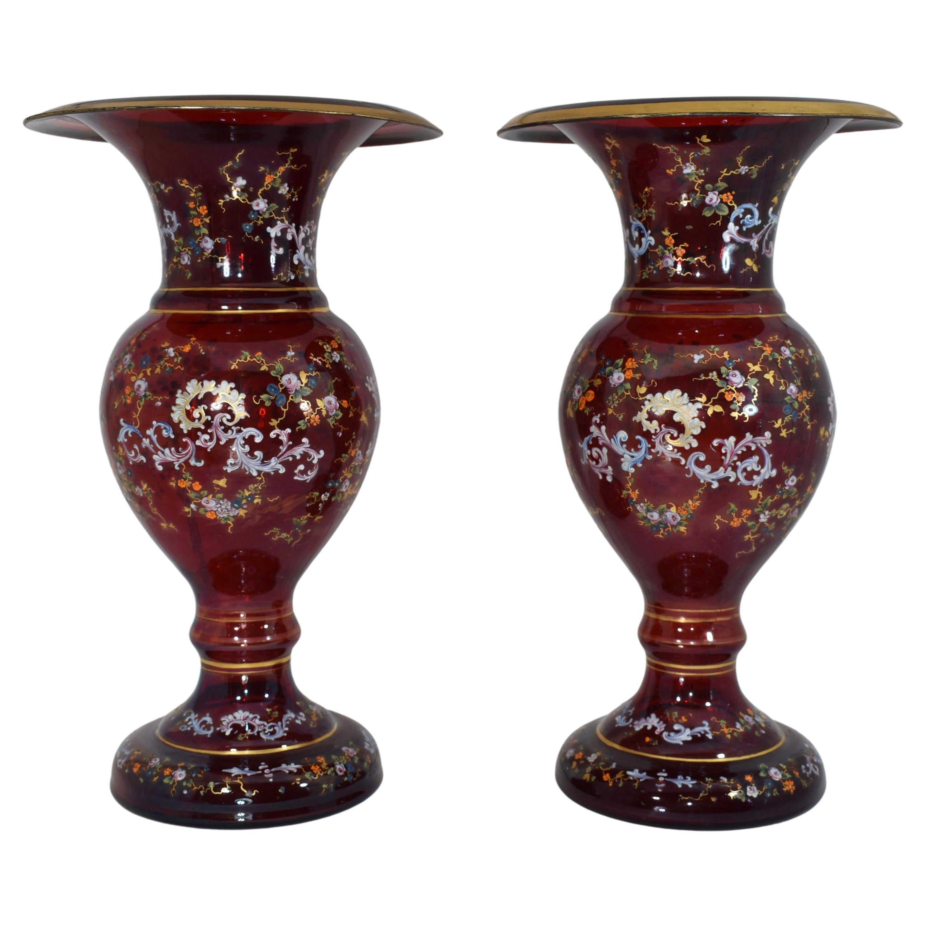 Pair of Antique Bohemian Enamelled Ruby Red Glass Vases, 19th Century For Sale