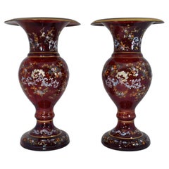 Pair of Antique Bohemian Enamelled Ruby Red Glass Vases, 19th Century