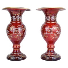 Pair of Antique Bohemian Enamelled Ruby Red Glass Vases by Moser, 19th Century