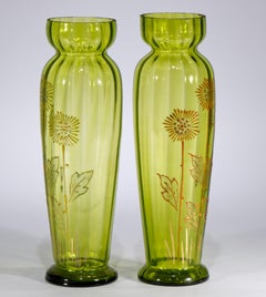 Pair of Antique Bohemian Green Glass Vases Enamel Gilt attr Moser, Strong Museum