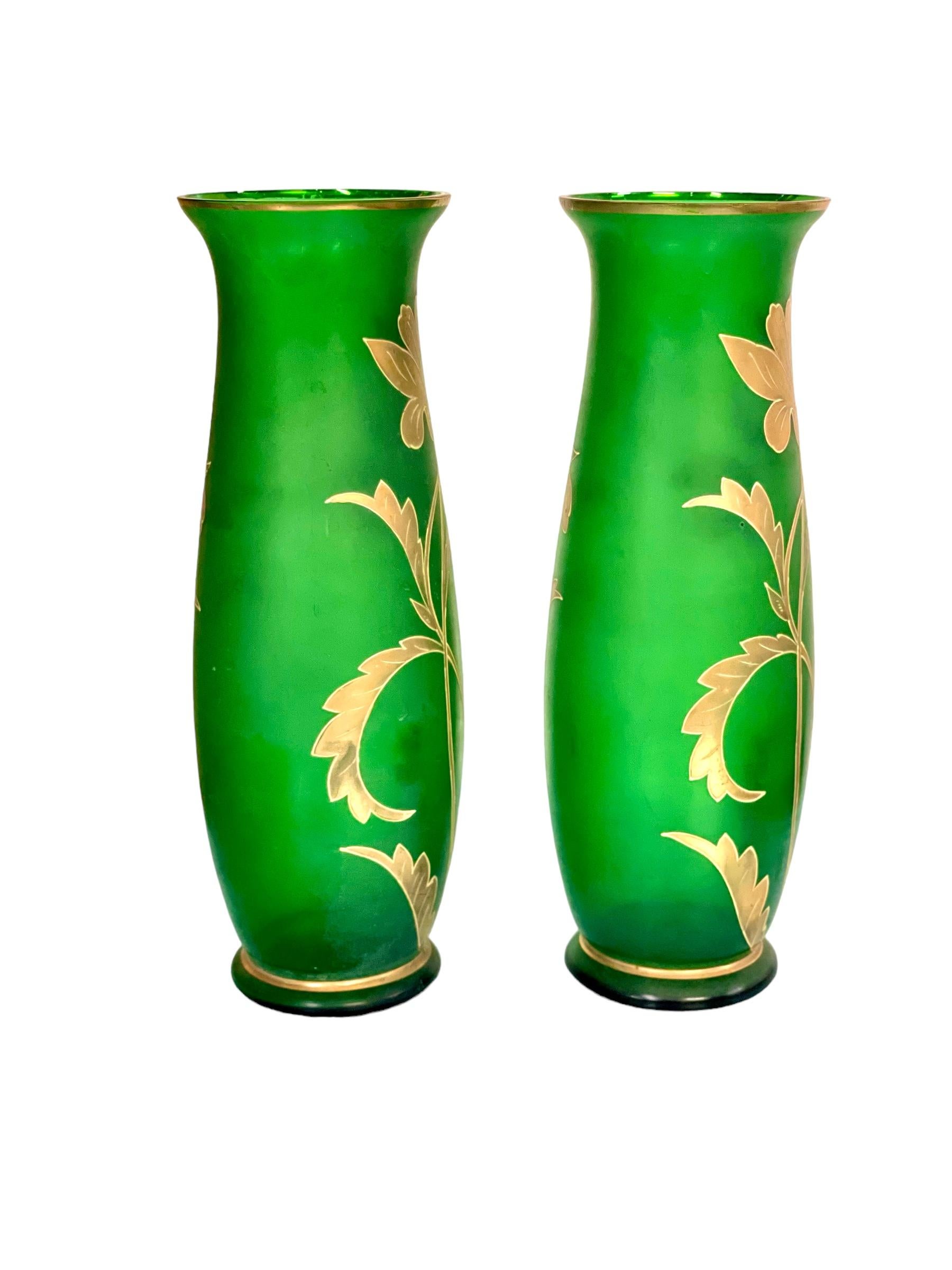 Art Nouveau Pair of Antique Bohemian Green Glass Vases For Sale