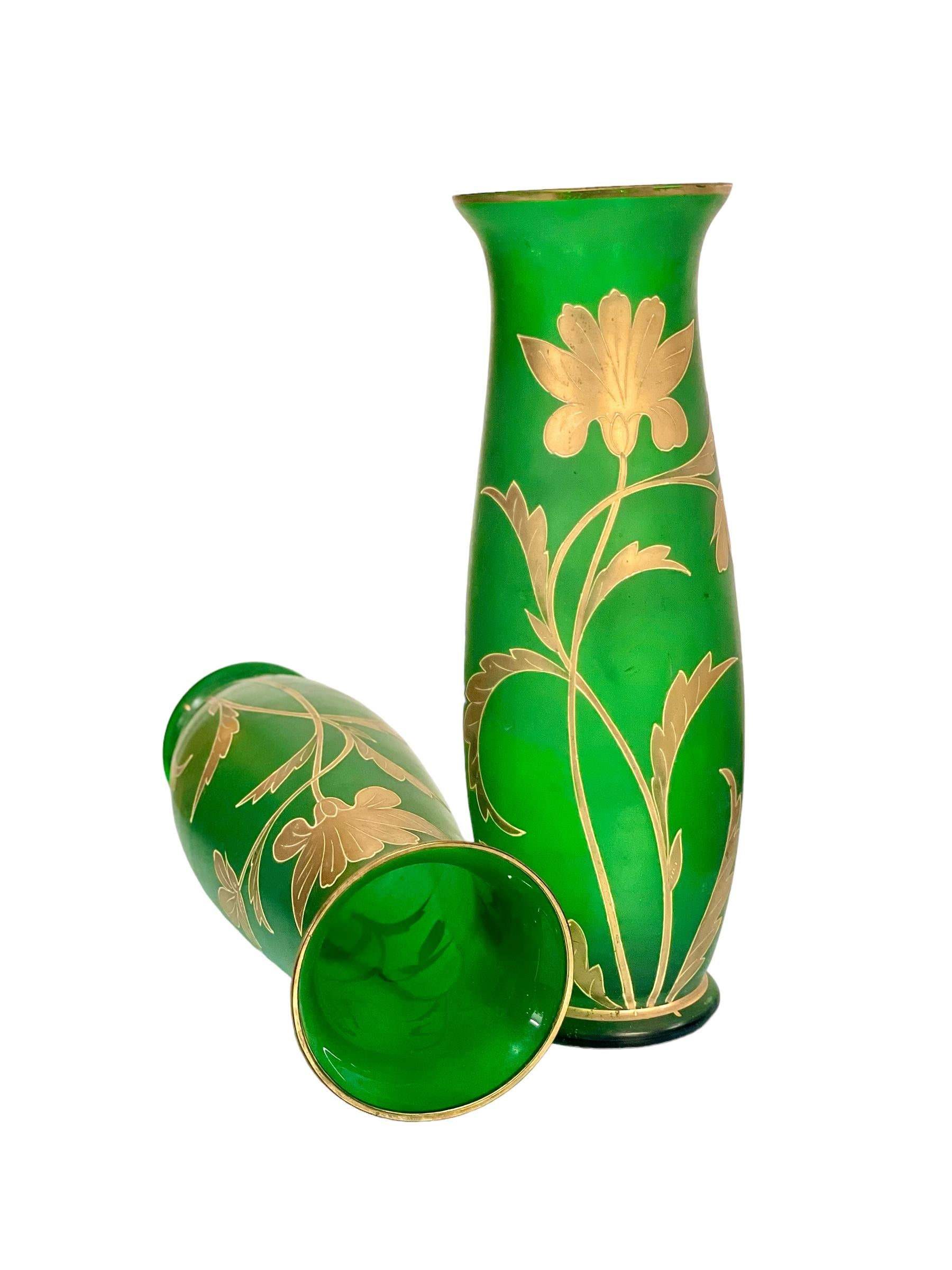 Art Nouveau Pair of Antique Bohemian Gilt and Green Glass Vases For Sale