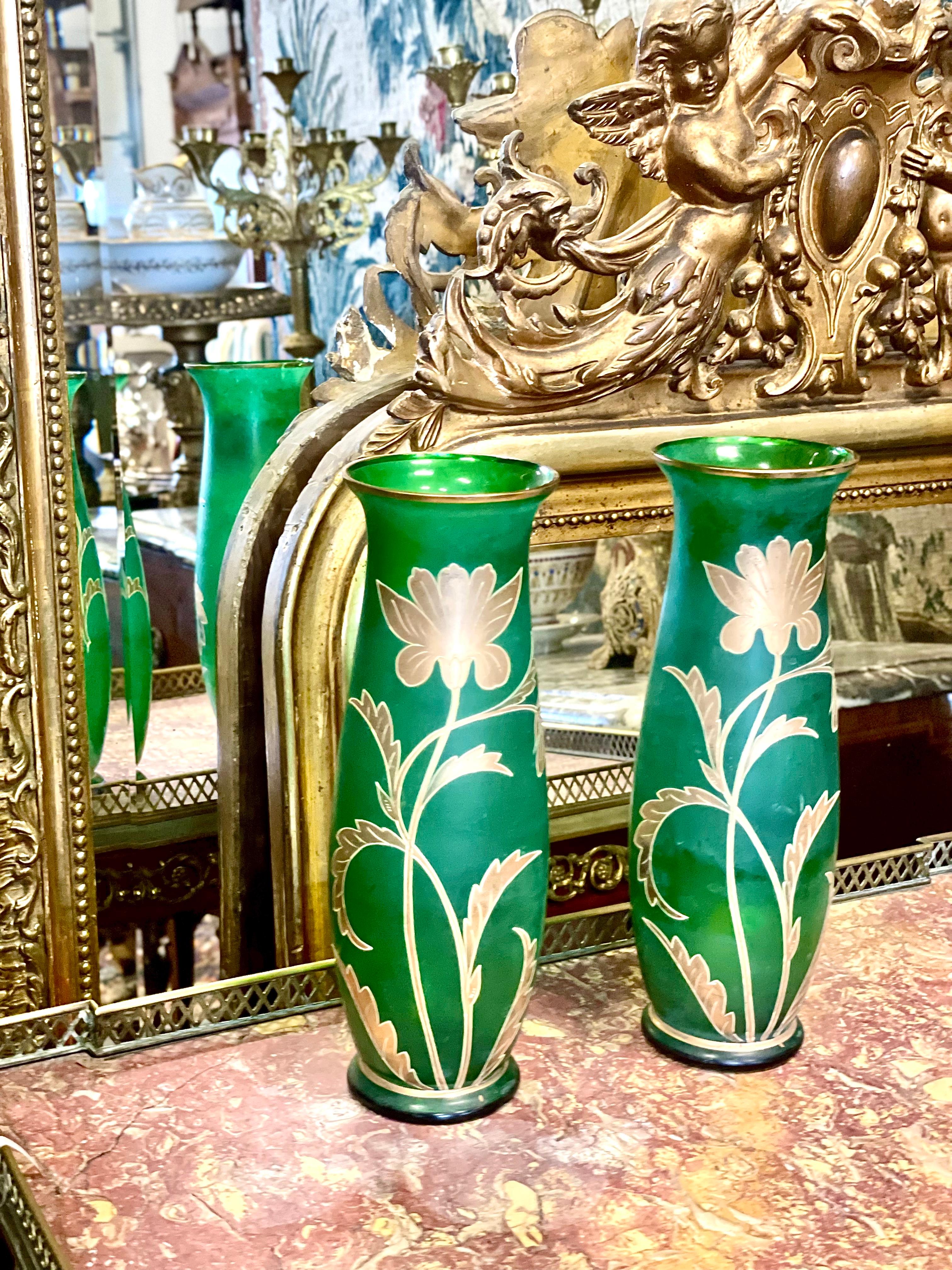 19th Century Pair of Antique Bohemian Green Glass Vases For Sale