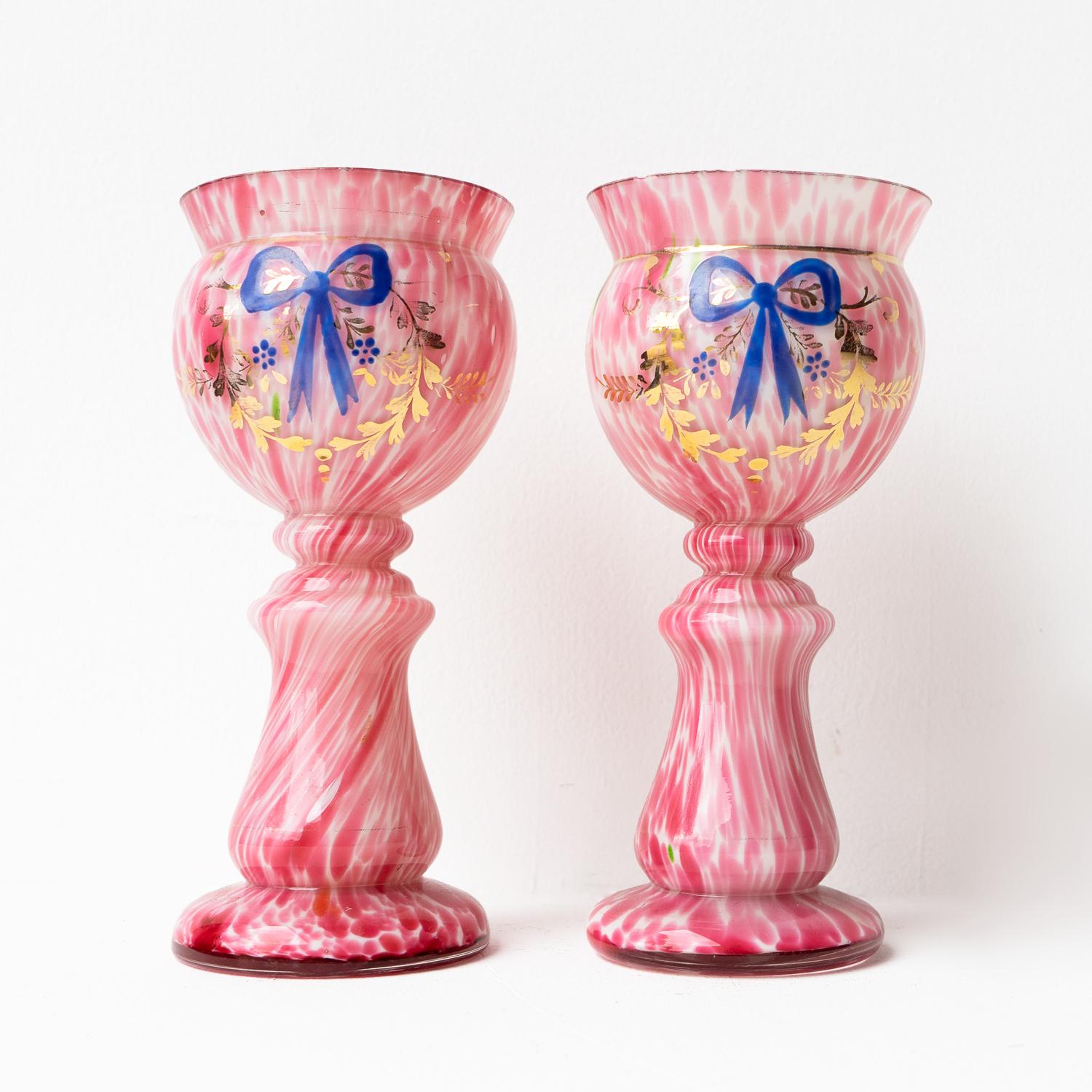 Art Nouveau Pair Of Antique Bohemian Hand Blown Enamelled Pink Glass Vases, Czech, C. 1900