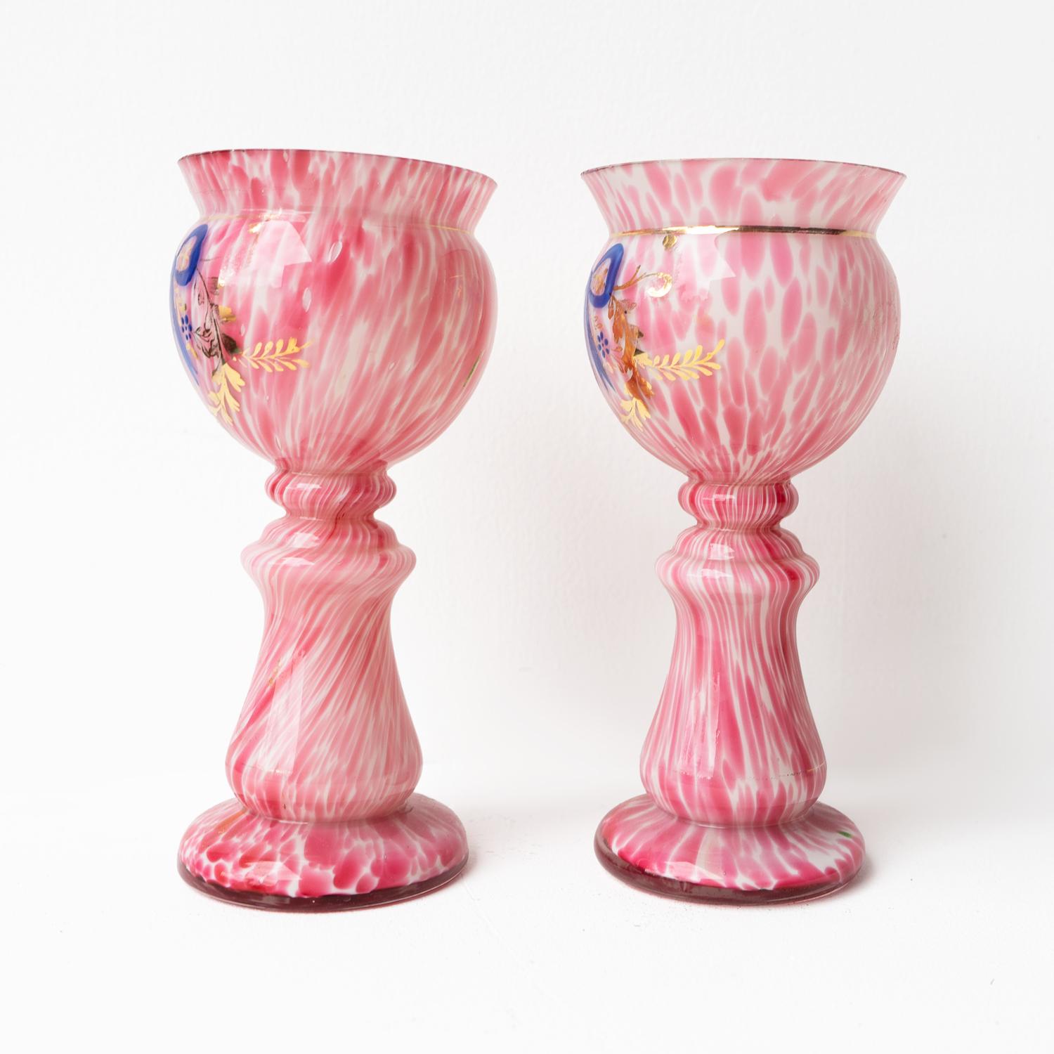 Hand-Crafted Pair Of Antique Bohemian Hand Blown Enamelled Pink Glass Vases, Czech, C. 1900