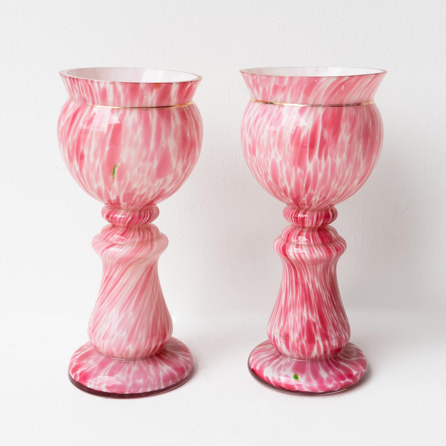Pair Of Antique Bohemian Hand Blown Enamelled Pink Glass Vases, Czech, C. 1900 In Good Condition In Bristol, GB