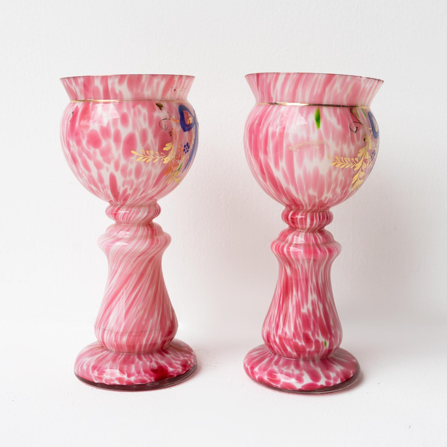 20th Century Pair Of Antique Bohemian Hand Blown Enamelled Pink Glass Vases, Czech, C. 1900