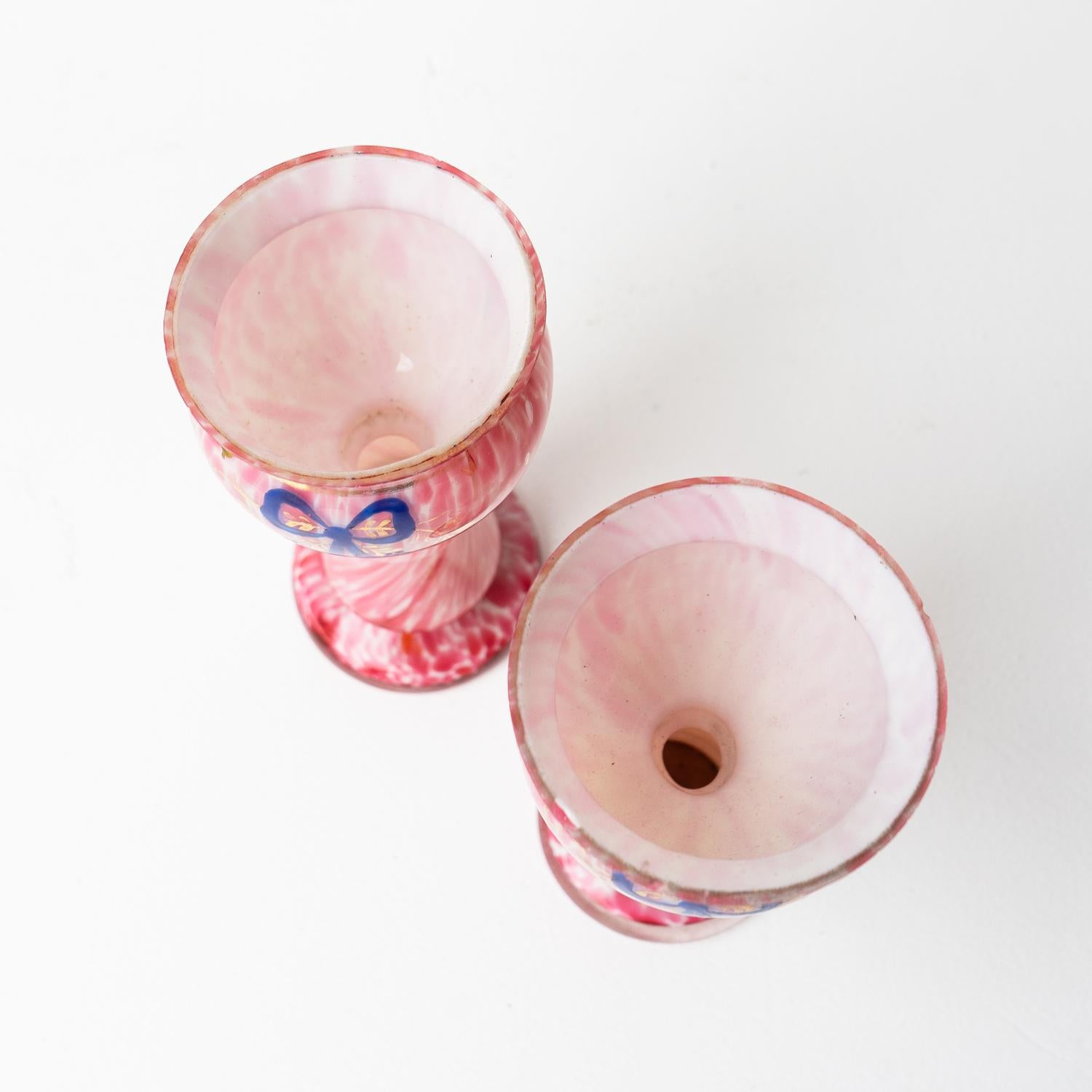 Blown Glass Pair Of Antique Bohemian Hand Blown Enamelled Pink Glass Vases, Czech, C. 1900