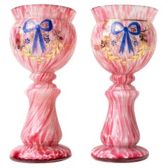 Pair Of Antique Bohemian Hand Blown Enamelled Pink Glass Vases, Czech, C. 1900