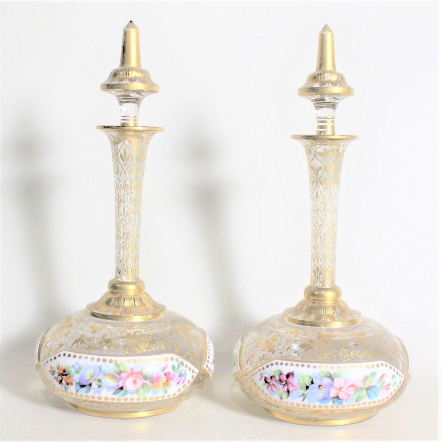Art Deco Pair of Antique Bohemian Perfume or Scent Bottles with Enamel & Gilt Decoration For Sale