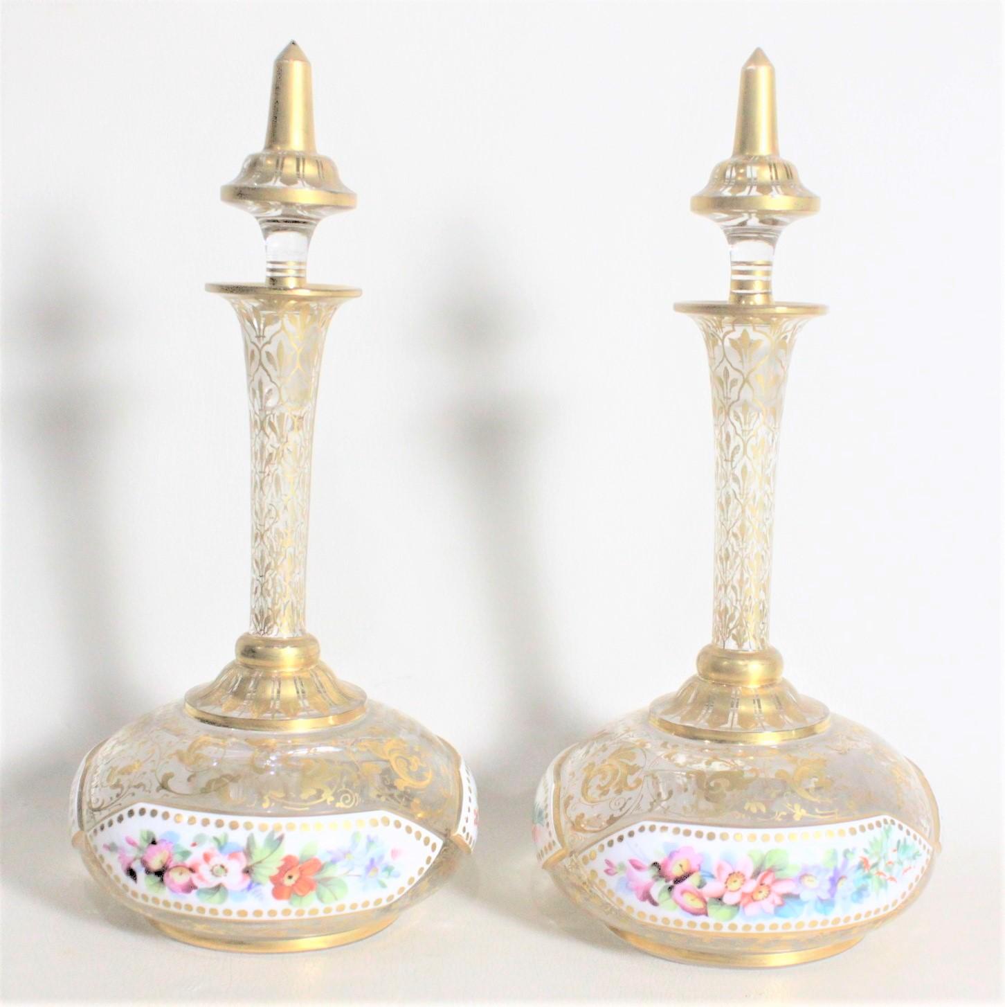 Austrian Pair of Antique Bohemian Perfume or Scent Bottles with Enamel & Gilt Decoration For Sale