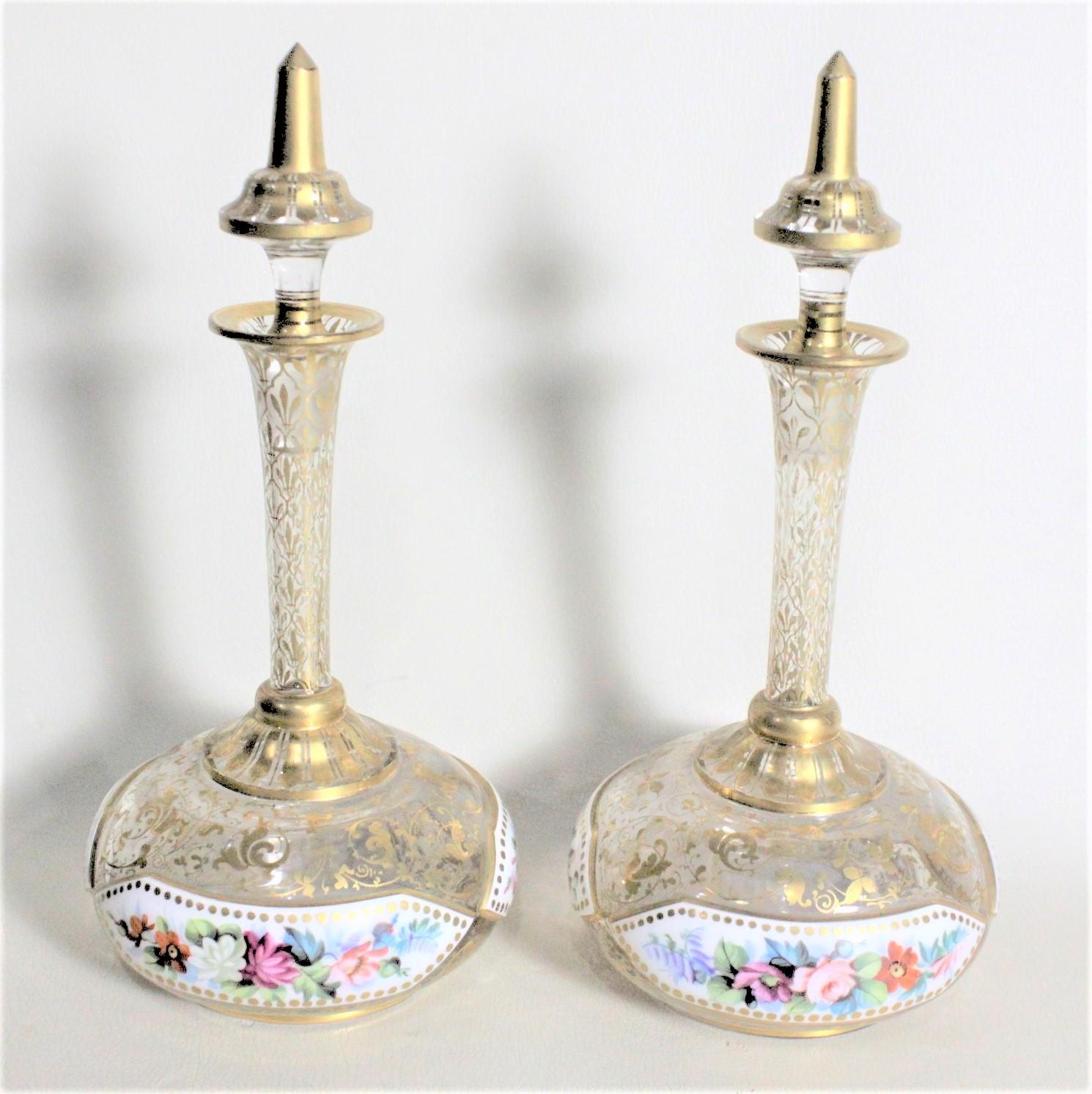 Enameled Pair of Antique Bohemian Perfume or Scent Bottles with Enamel & Gilt Decoration For Sale