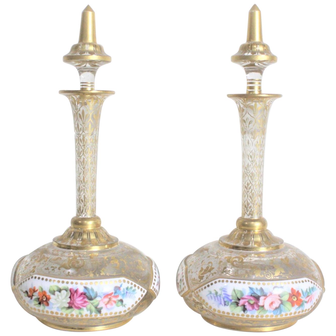 Pair of Antique Bohemian Perfume or Scent Bottles with Enamel & Gilt Decoration For Sale