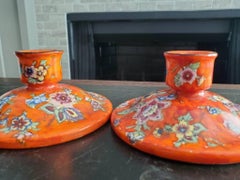 Antique Bohemian Hand Painted Pottery Boho Candle Holder Pair