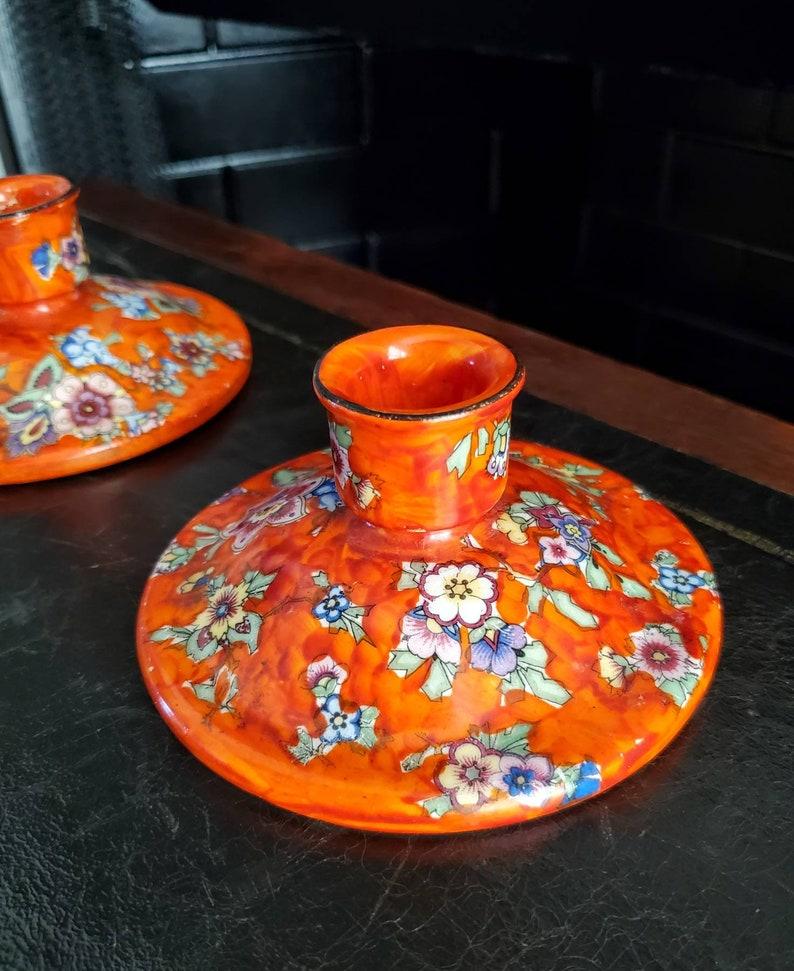 Czech Antique Bohemian Hand Painted Pottery Boho Candle Holder Pair For Sale