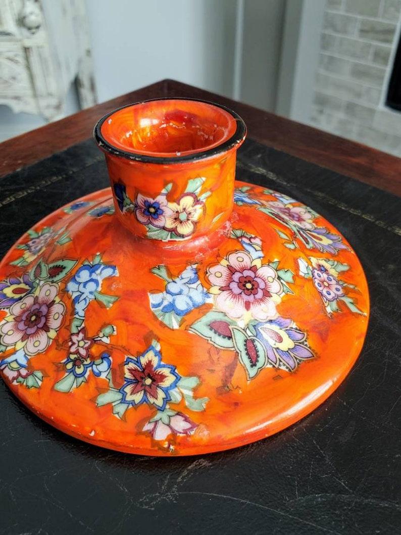 Hand-Painted Antique Bohemian Hand Painted Pottery Boho Candle Holder Pair For Sale