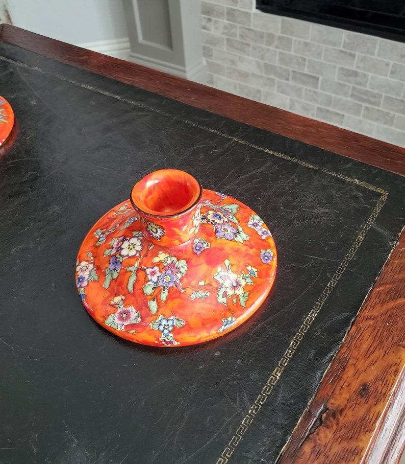 20th Century Antique Bohemian Hand Painted Pottery Boho Candle Holder Pair For Sale