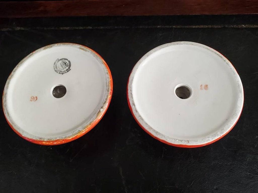 Ceramic Antique Bohemian Hand Painted Pottery Boho Candle Holder Pair For Sale