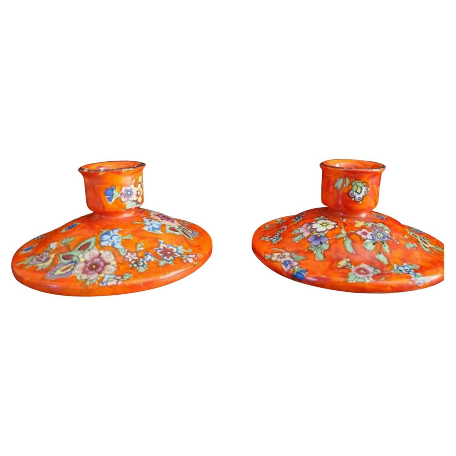 Antique Bohemian Hand Painted Pottery Boho Candle Holder Pair